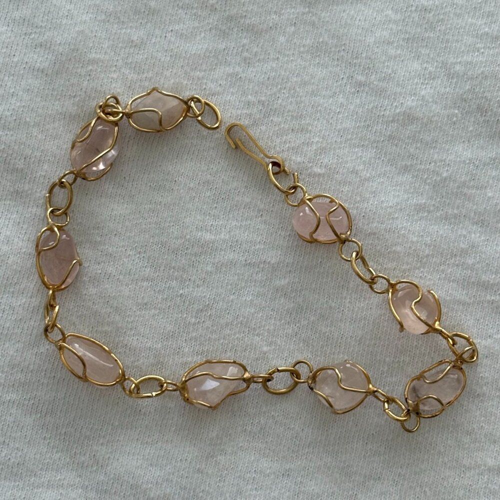 Vintage Polished Rose Quartz Stones with Gold Wire Cage Bracelet EUC - Picture 2 of 6